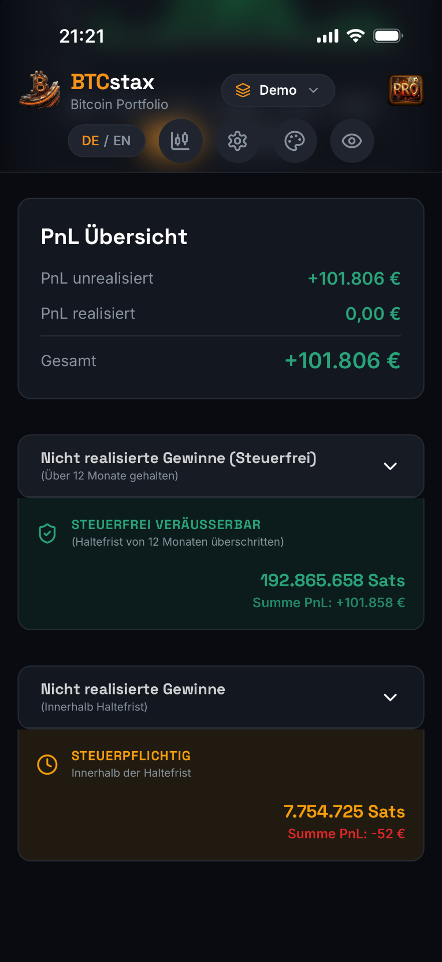 BTCstax Steuerübersicht