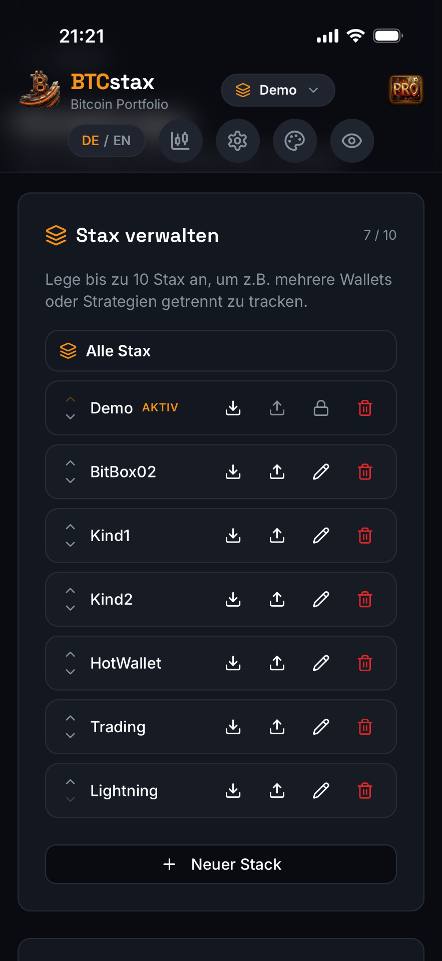BTCstax Verwaltung mehrerer Bitcoin Stacks