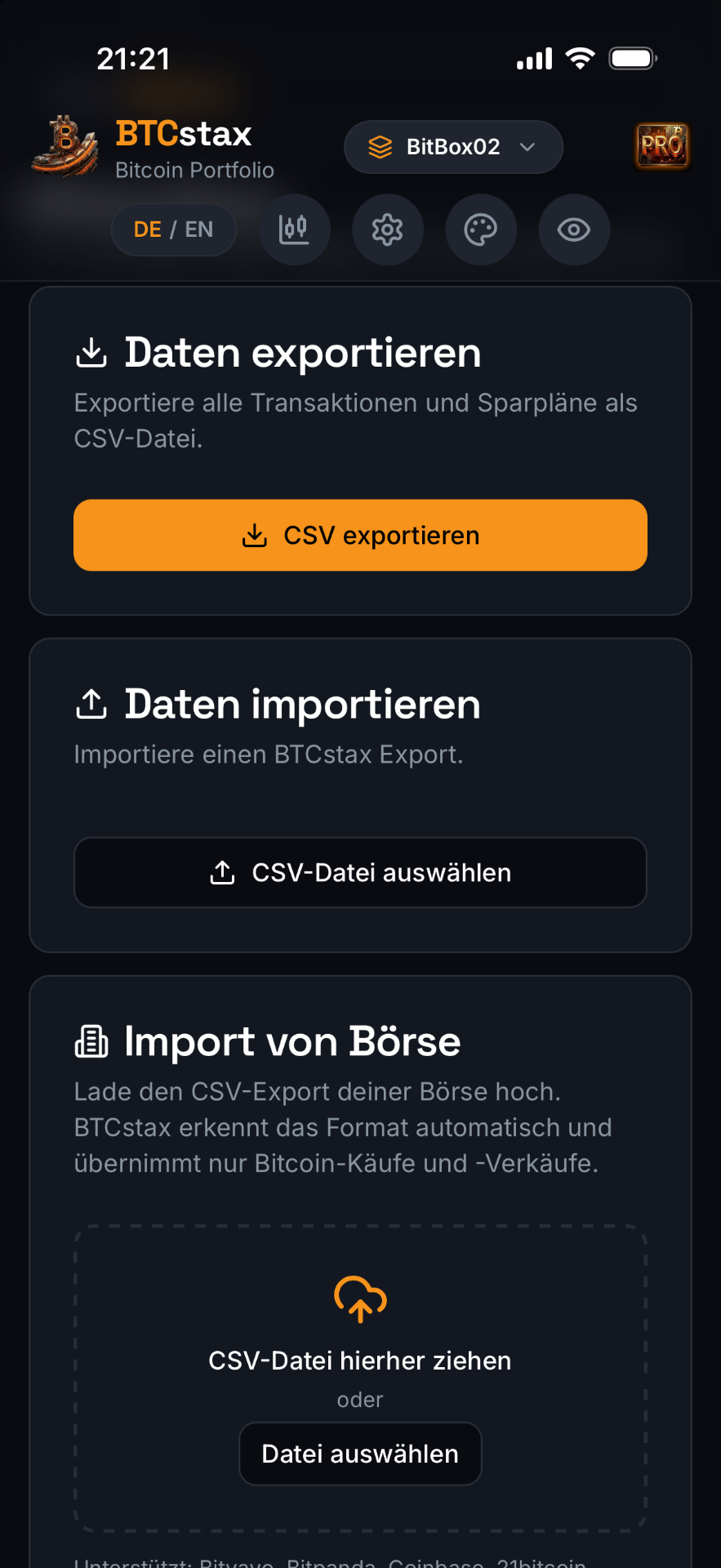 BTCstax Datenimport und Export